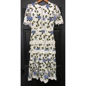 Just Me White Blue Floral Guipure Lace Tiered Midi Dress Womens Small Cottagec